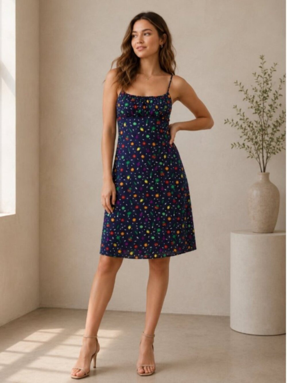 Staud Navy Multicolor Spaghetti Strap Dress Designer Vacation Dress 0465